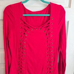 💃 Venus Red Lace-Up Long Sleeve "Corset Style" Top - Large